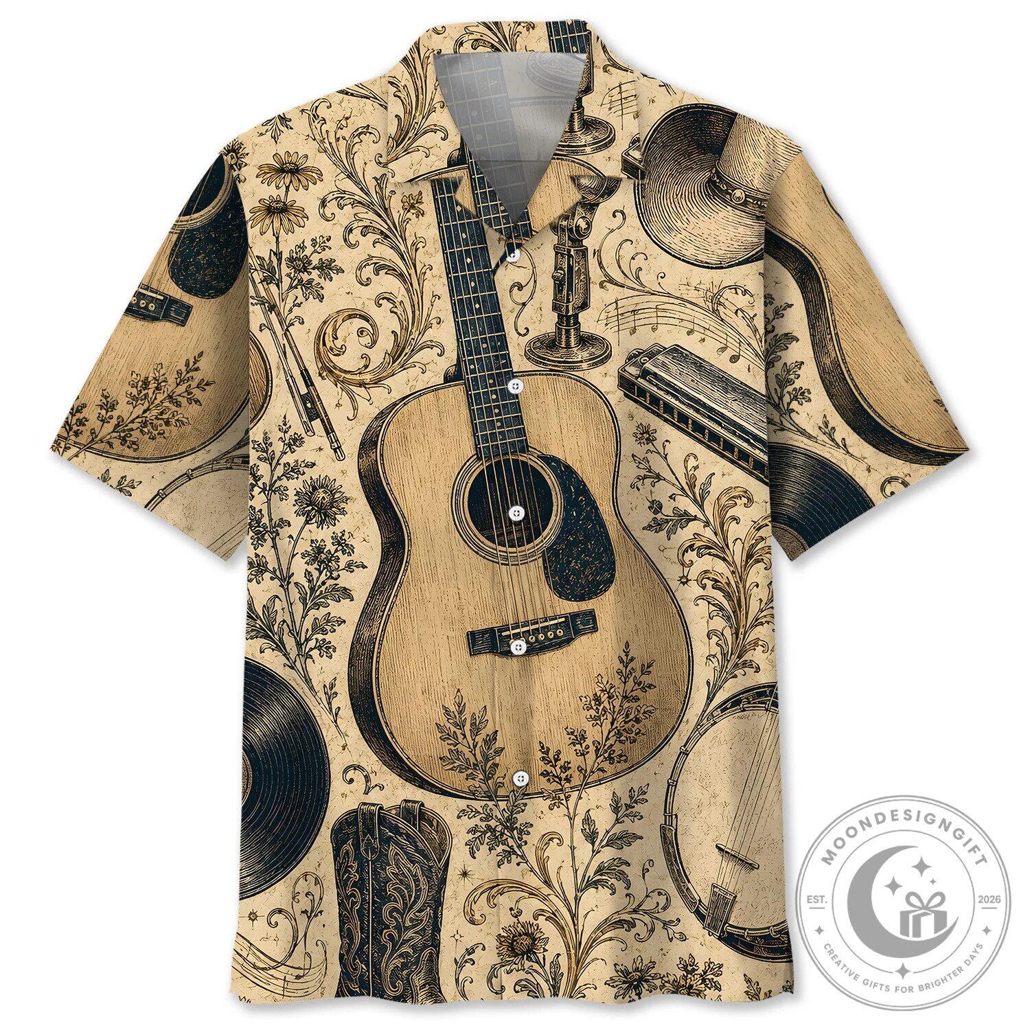 Country Music Vintage Hawaiian Shirt with Guitar and Banjo Design