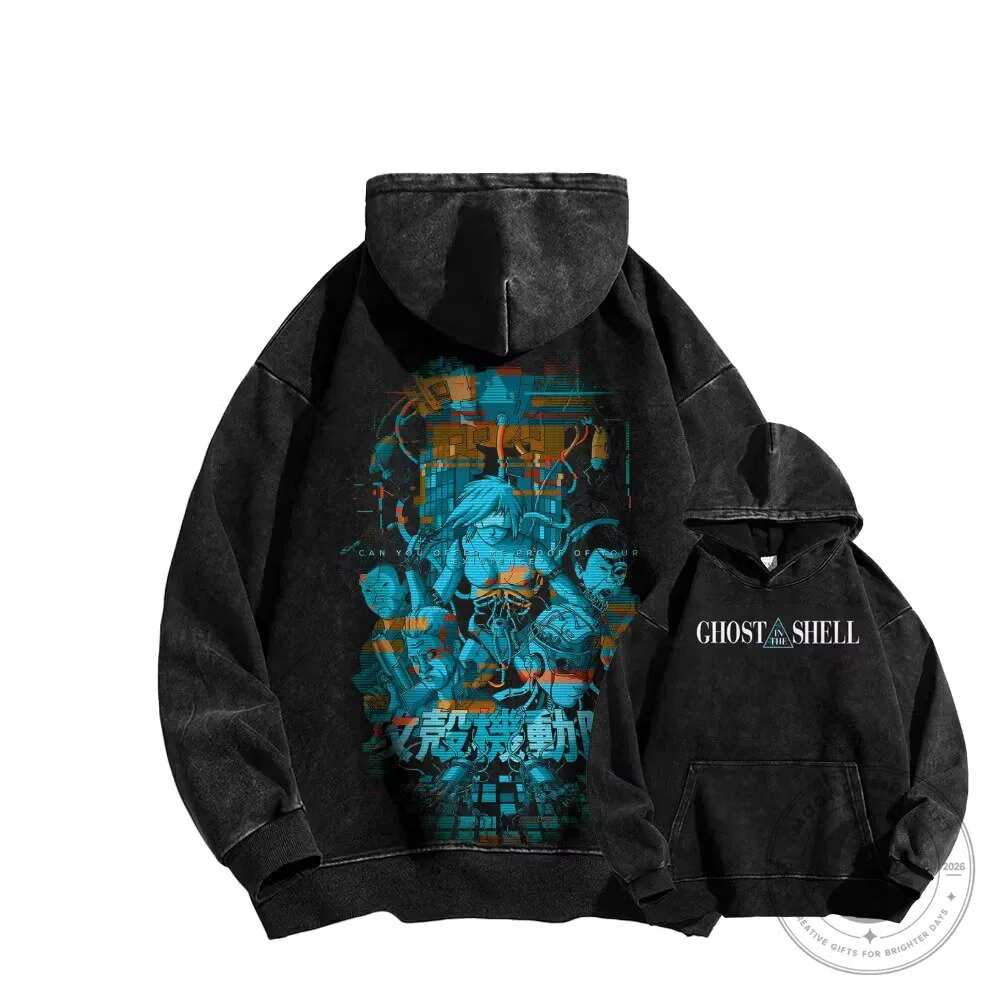 Ghost in the Shell Anime Manga Sci-Fi Movie Washed Black Hoodie Sweatshirt