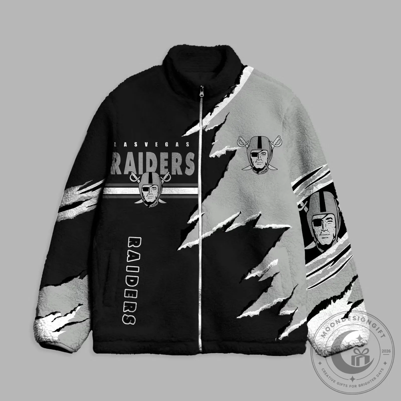 Las Vegas Raiders NFL Football Team Logo Black and Gray Sherpa Jacket