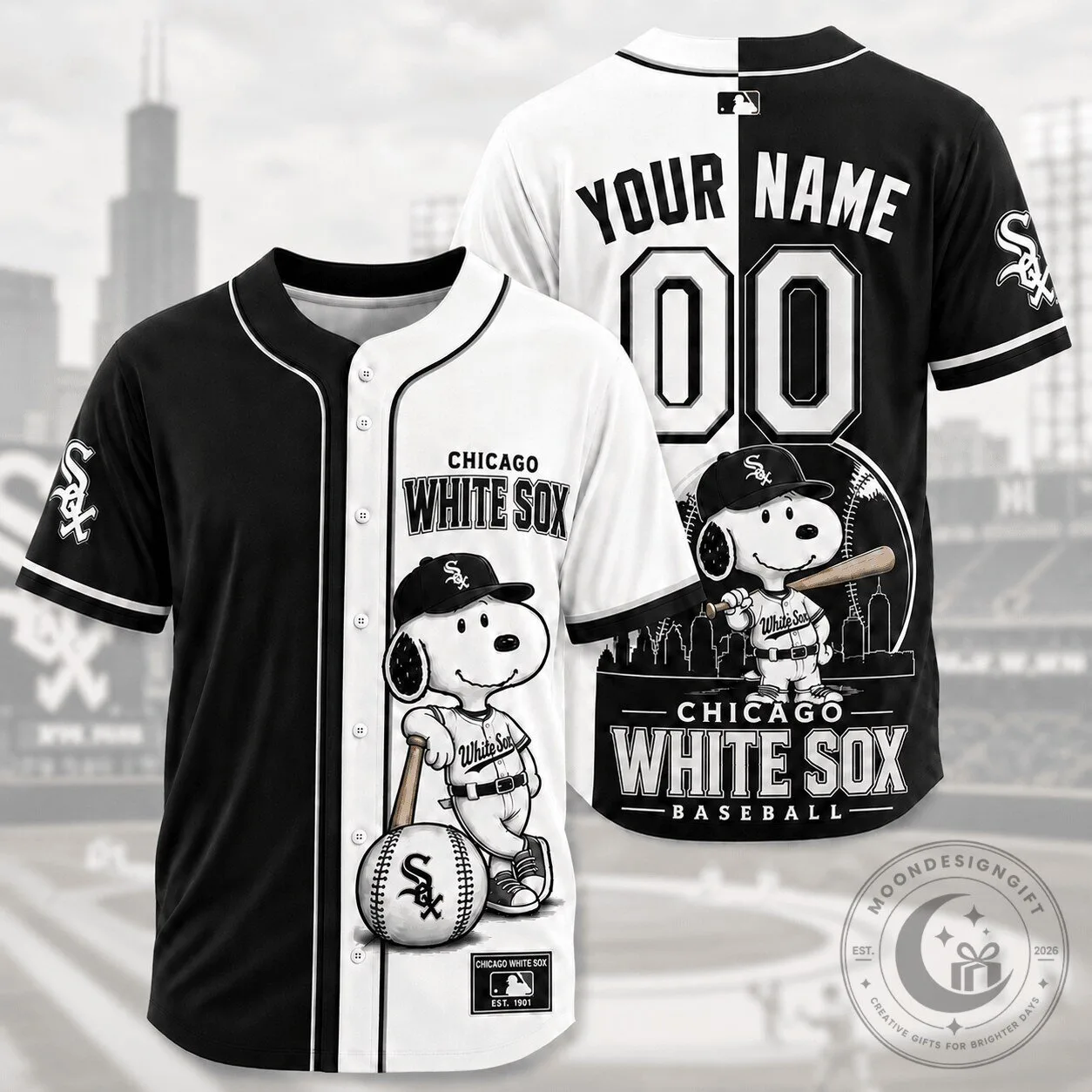 Chicago White Sox MLB Baseball Snoopy Personalized Black and White Baseball Jersey