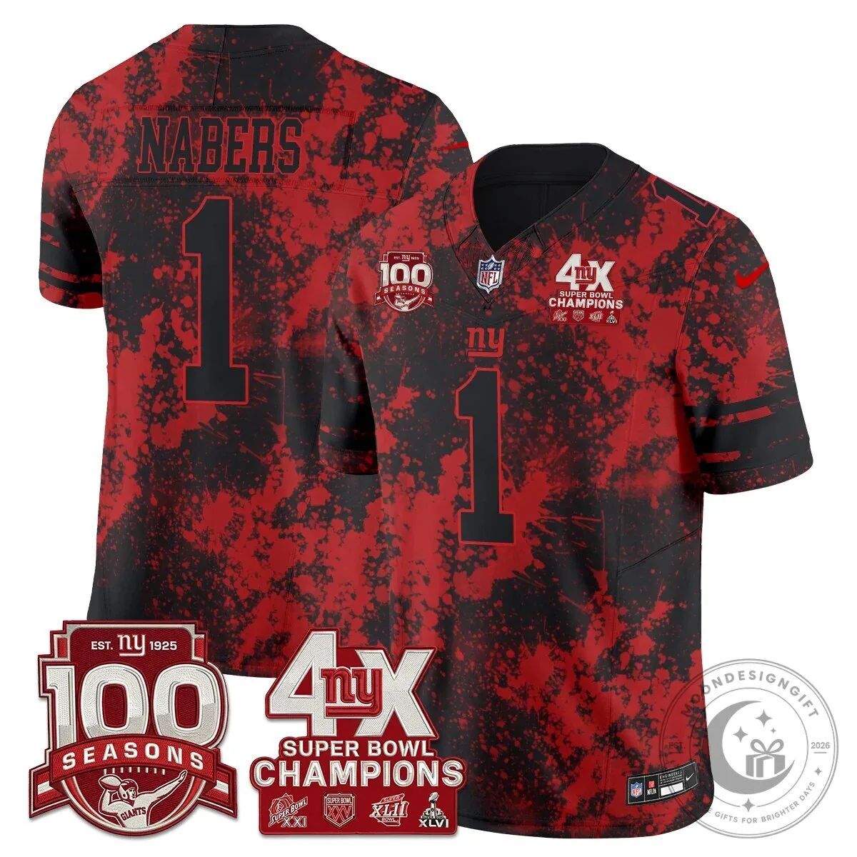 New York Giants 4X Super Bowl Champions Nabers Red Blood Splash Football Jersey