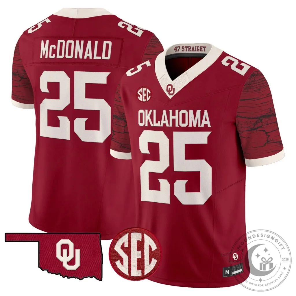 Oklahoma Sooners Crimson Football Jersey with McDonald Number 25 Oklahoma Sooners Crimson Football Jersey with McDonald Number 25