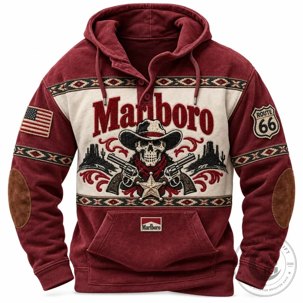 Marlboro Cowboy Skull Route 66 Western Style Hoodie with Elbow Patches Marlboro Cowboy Skull Route 66 Western Style Hoodie with Elbow Patches