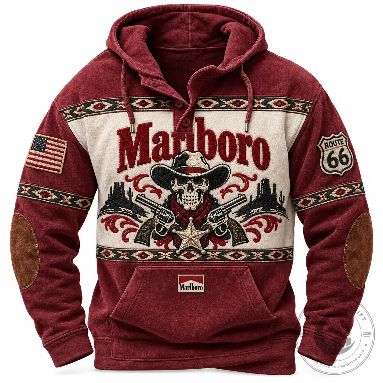 Marlboro Cowboy Skull Route 66 Western Style Hoodie with Elbow Patches 3 Marlboro Cowboy Skull Route 66 Western Style Hoodie with Elbow Patches