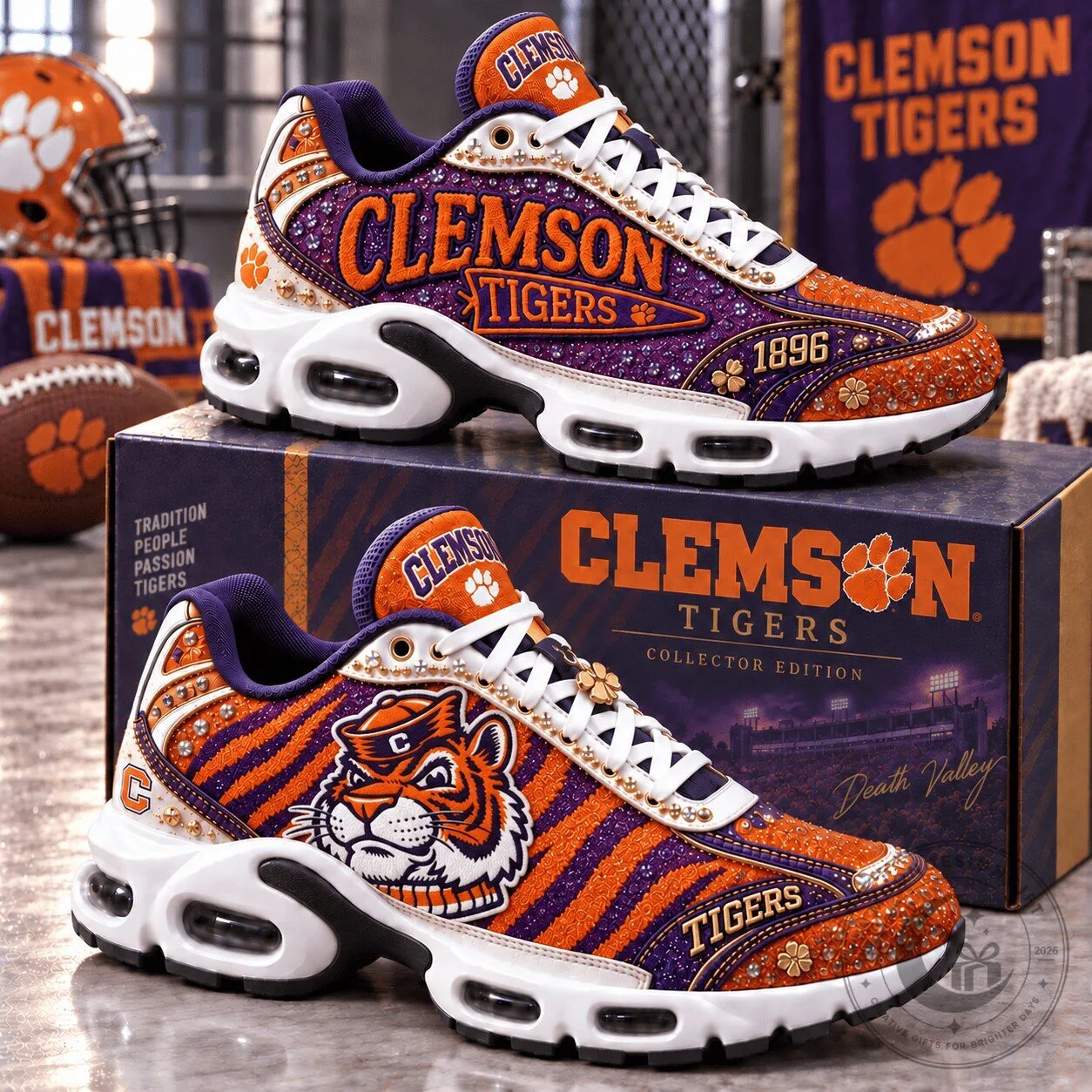 Clemson Tigers Custom Orange and Purple Striped Air Cushion Sports Shoes