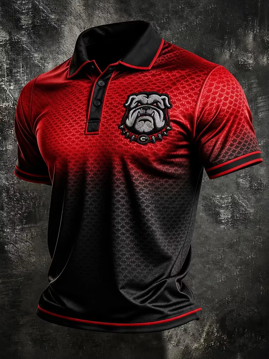 Georgia Bulldogs Mascot Red Black Fade Pattern Short Sleeve Polo Shirt