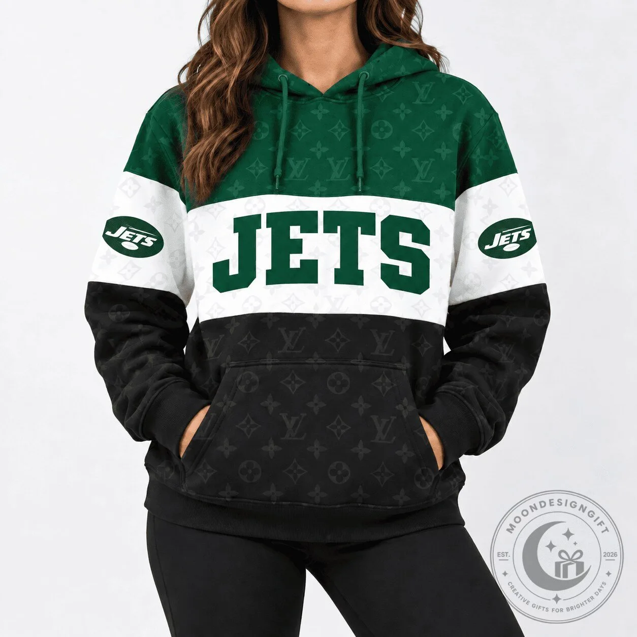 New York Jets Football Team Green Black White Monogram Pattern Hoodie