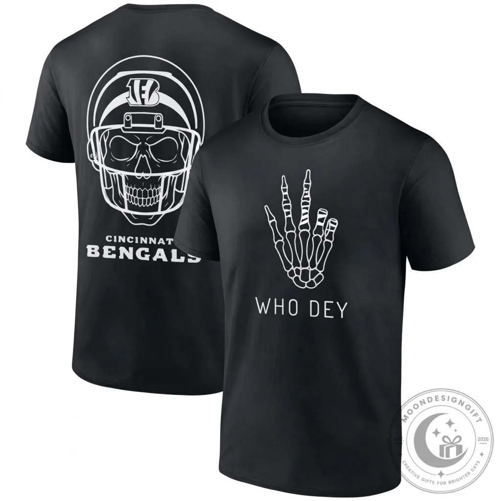 Cincinnati Bengals Halloween Skull Helmet Who Dey Skeleton Hand Black T-Shirt Cincinnati Bengals Halloween Skull Helmet Who Dey Skeleton Hand Black T-Shirt