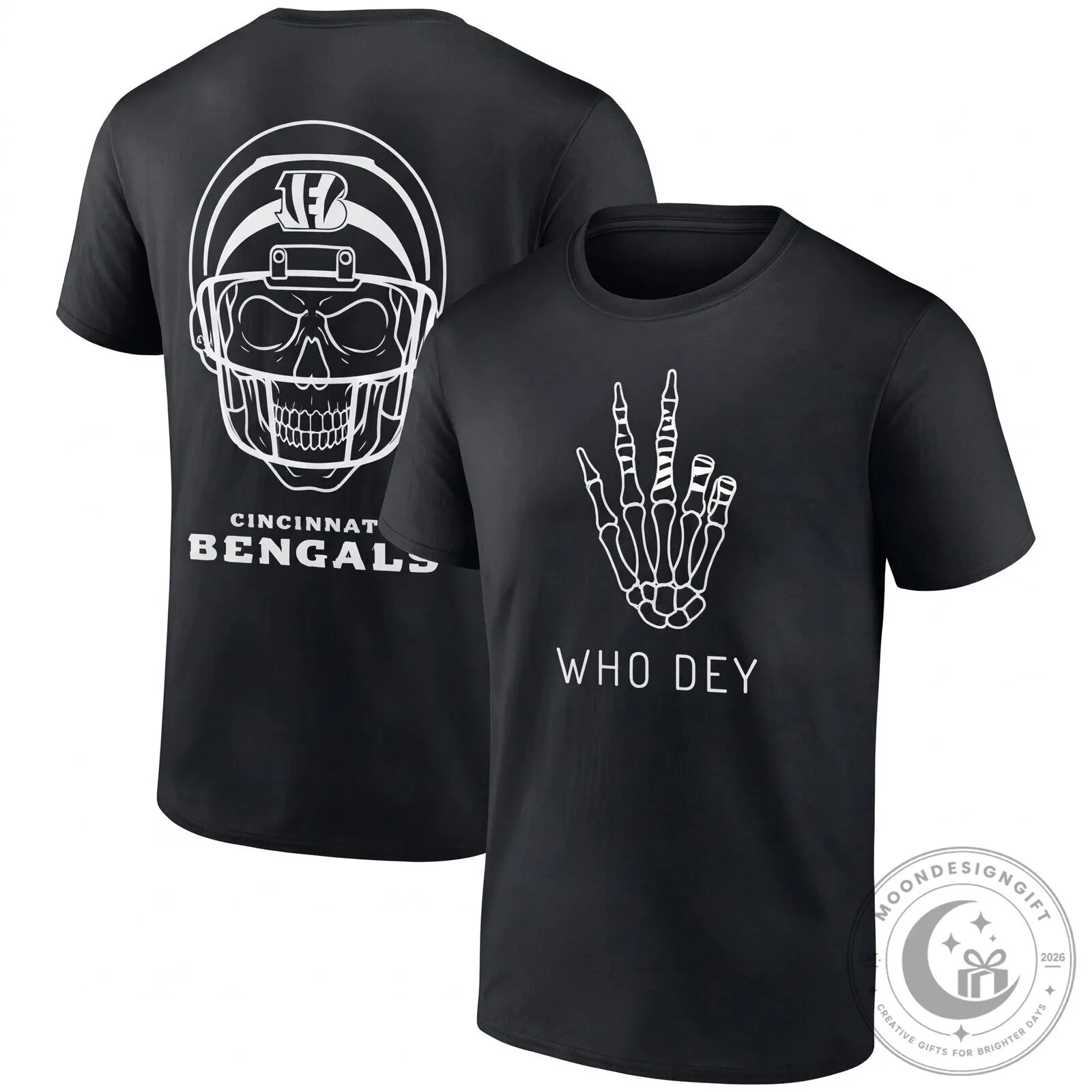 Cincinnati Bengals Halloween Skull Helmet Who Dey Skeleton Hand Black T-Shirt