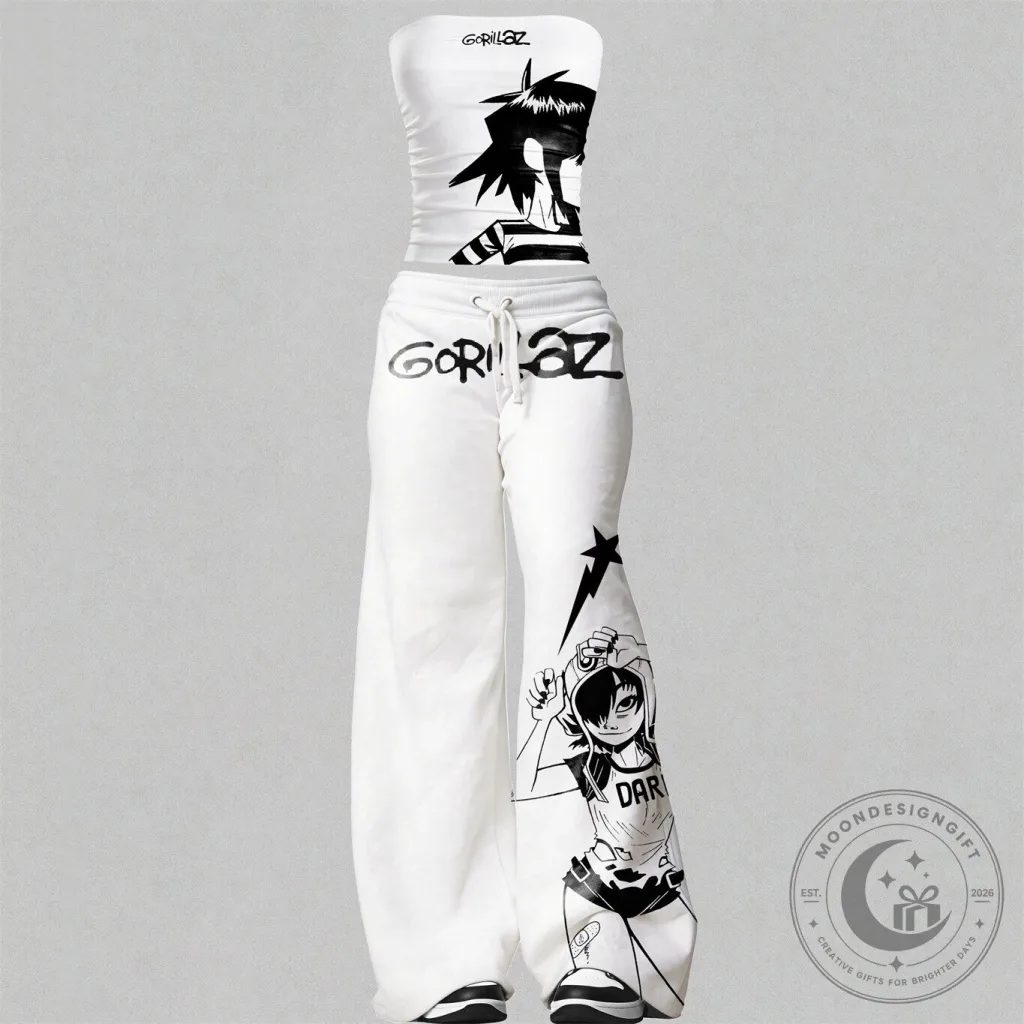Gorillaz Noodle Character White Bandeau Top and Flare Pants Set Gorillaz Noodle Character White Bandeau Top and Flare Pants Set