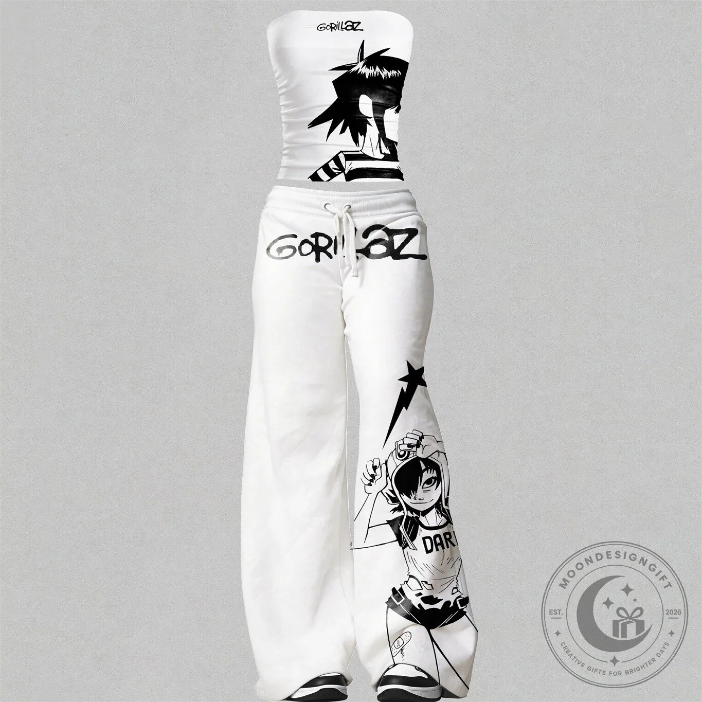 Gorillaz Noodle Character White Bandeau Top and Flare Pants Set 5 Gorillaz Noodle Character White Bandeau Top and Flare Pants Set
