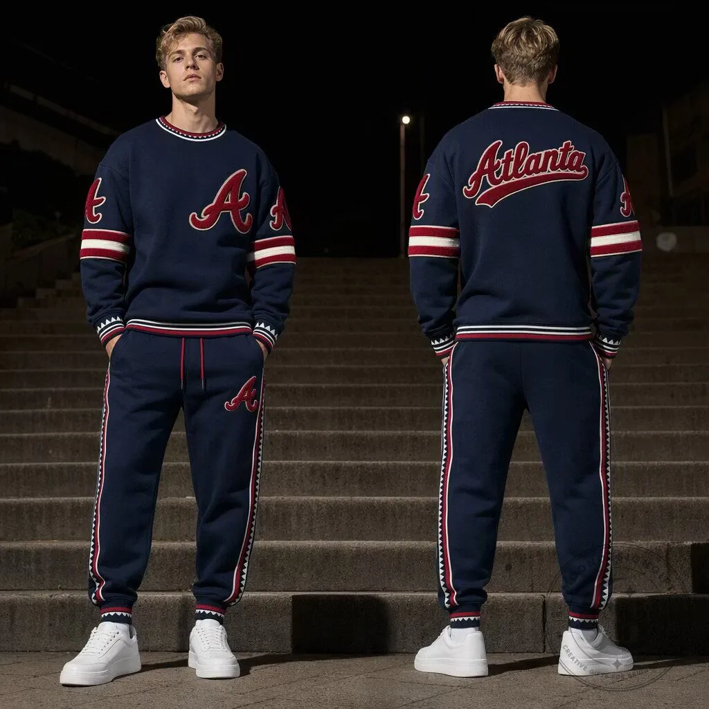 Atlanta Braves Baseball Team Navy Blue Crewneck Sweatshirt and Sweatpants Set