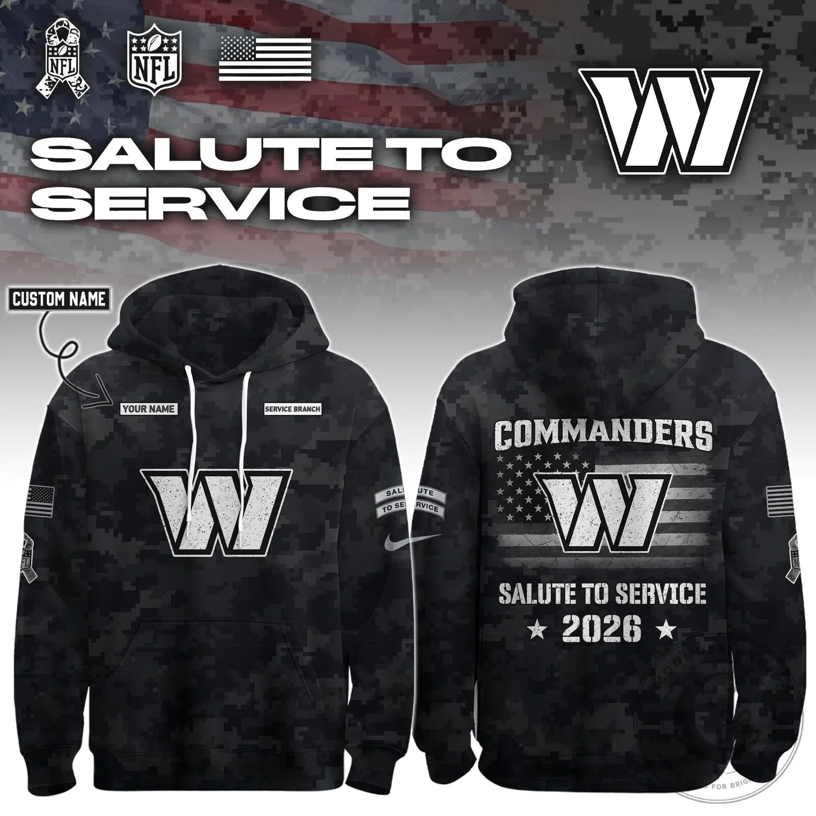 Washington Commanders NFL Salute to Service 2026 Custom Name Hoodie