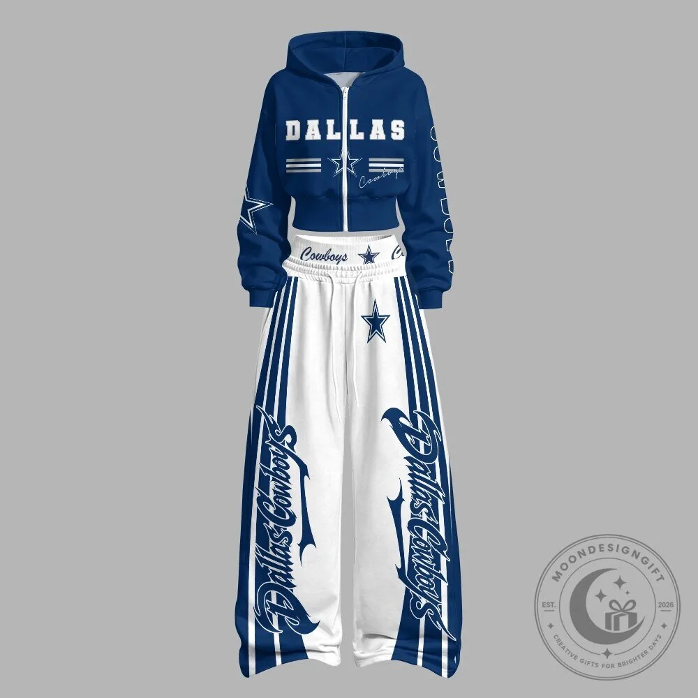Dallas Cowboys Women's Blue Cropped Hoodie and White Wide Leg Pants Set