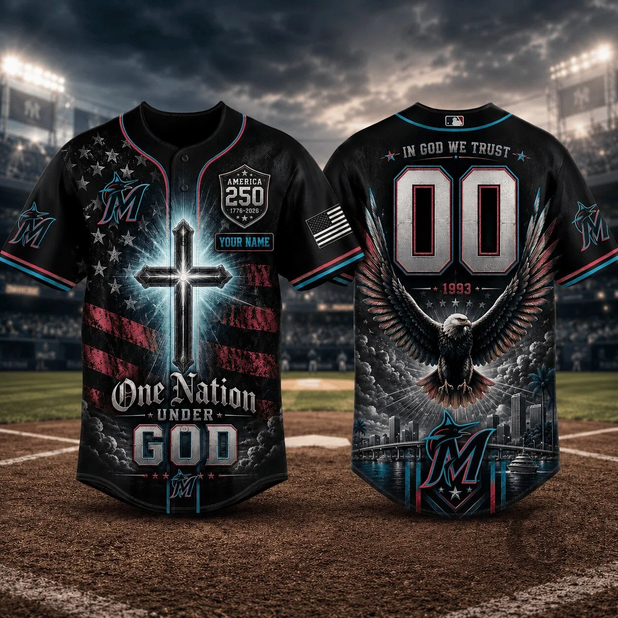 Miami Marlins Baseball Jersey, One Nation Under God Christian Eagle Design