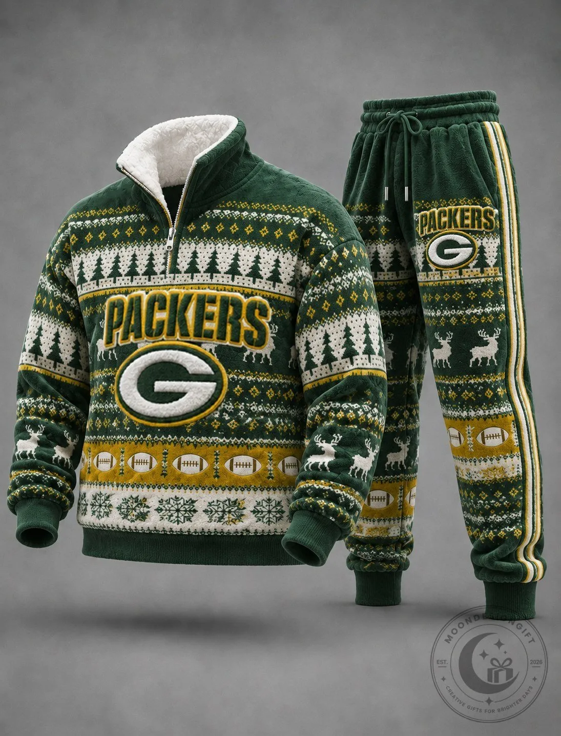 Green Bay Packers Christmas Ugly Sweater Quarter-Zip Pullover Sweatshirt and Joggers Set
