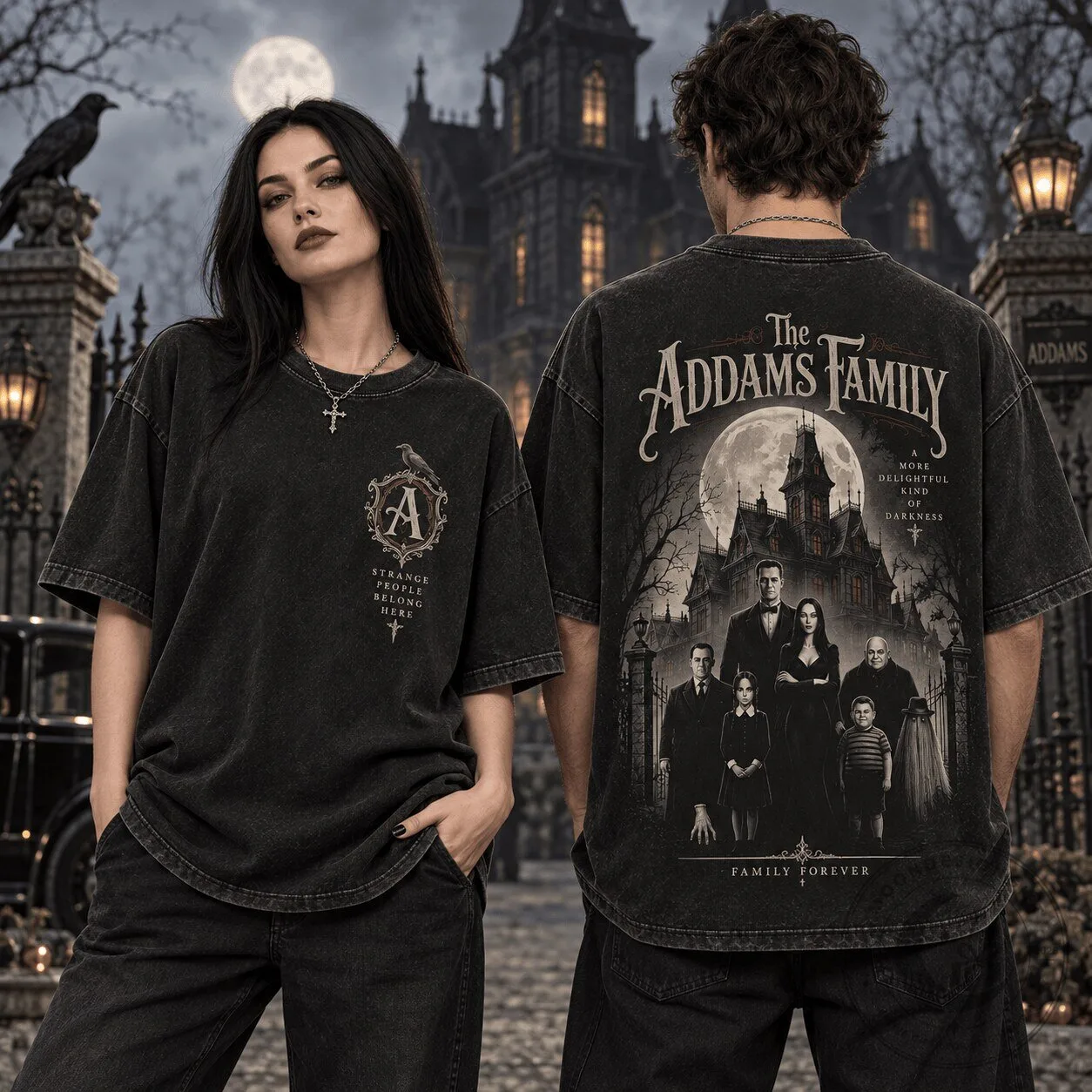 The Addams Family Gothic Mansion Vintage Graphic Oversized T-Shirt