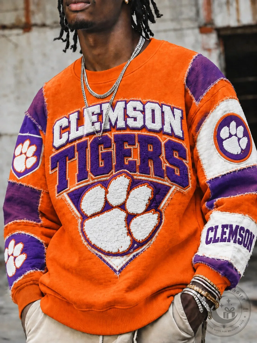 Clemson Tigers Football Team Logo Patchwork Crewneck Sweatshirt