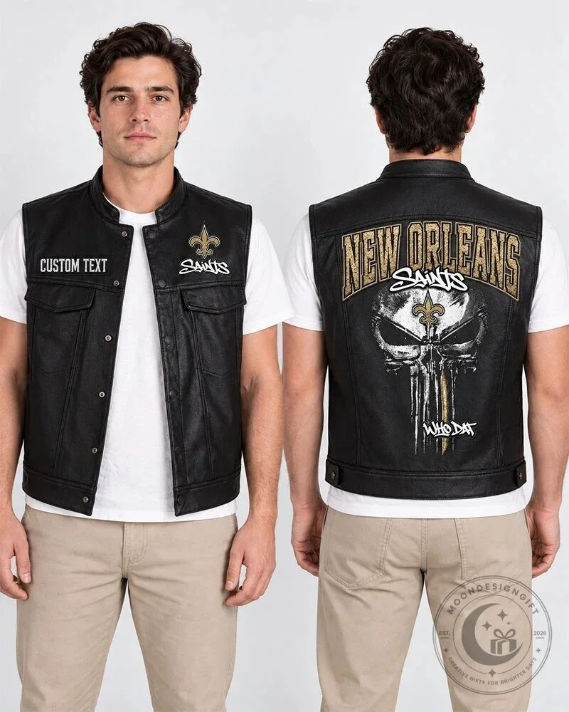 New Orleans Saints Punisher Skull Black Leather Vest