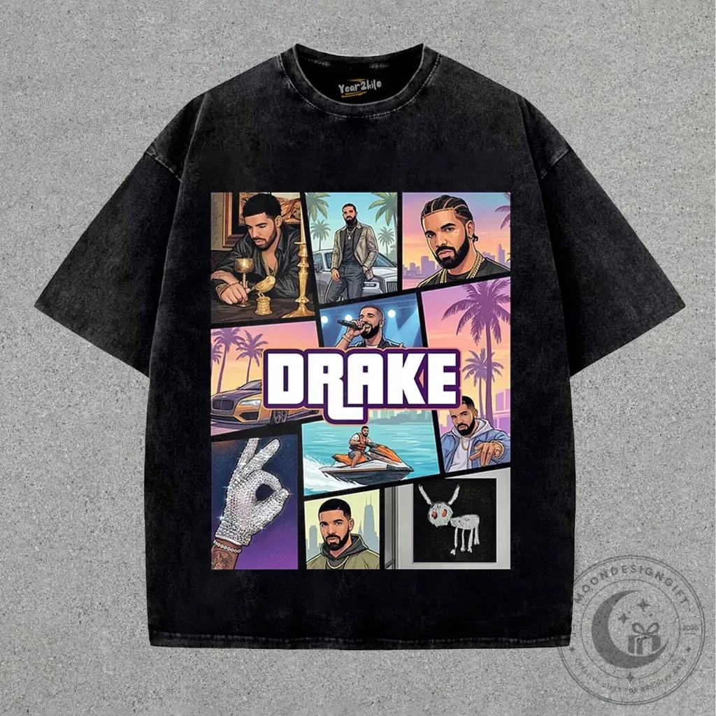 Drake Rapper Music Album Collage Graphic Print Washed Black T-Shirt Drake Rapper Music Album Collage Graphic Print Washed Black T-Shirt