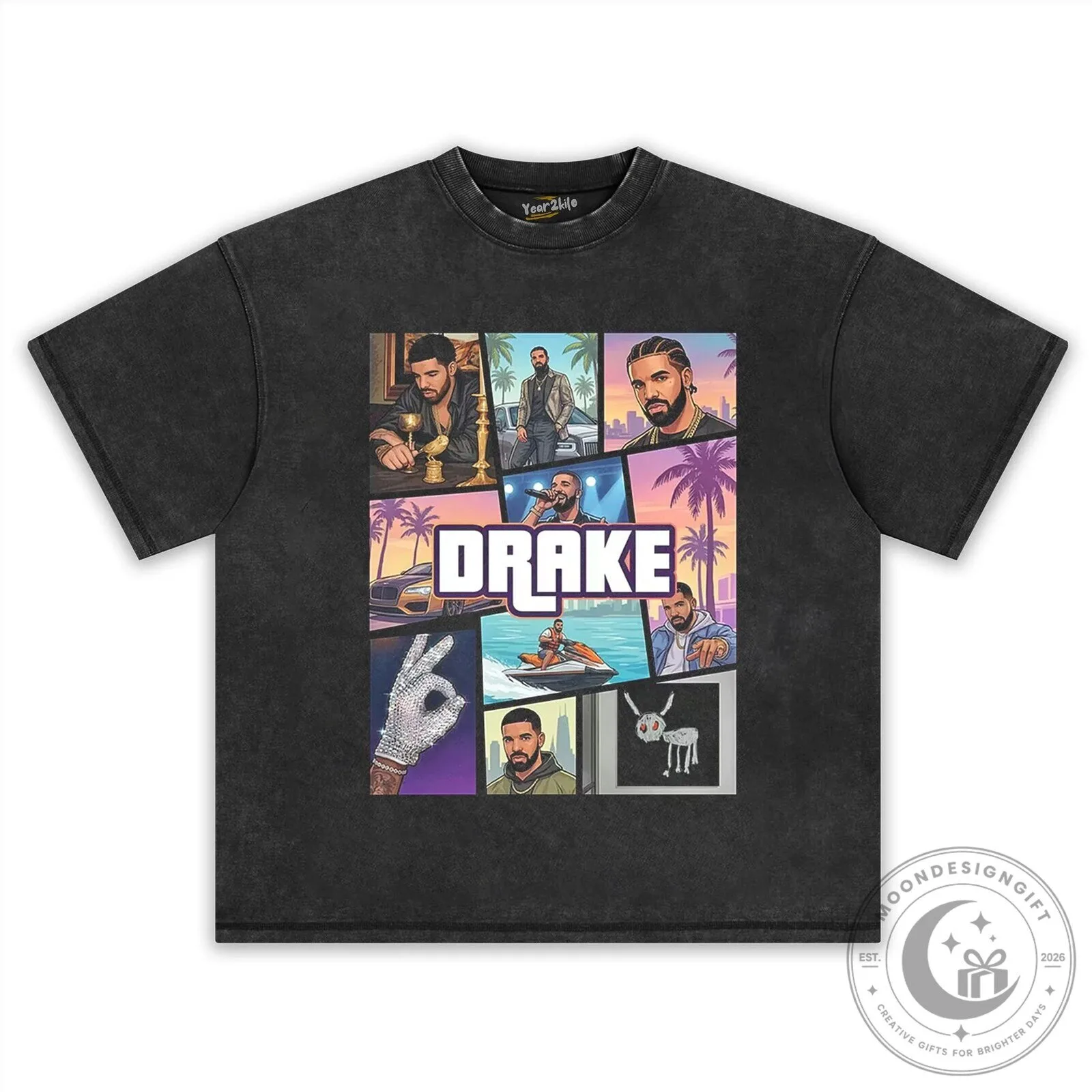 Drake Rapper Music Album Collage Graphic Print Washed Black T-Shirt 14 Drake Rapper Music Album Collage Graphic Print Washed Black T-Shirt