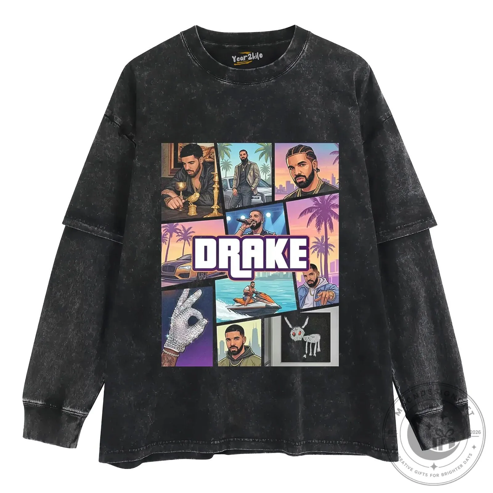 Drake Rapper Music Album Collage Graphic Print Washed Black T-Shirt 16 Drake Rapper Music Album Collage Graphic Print Washed Black T-Shirt