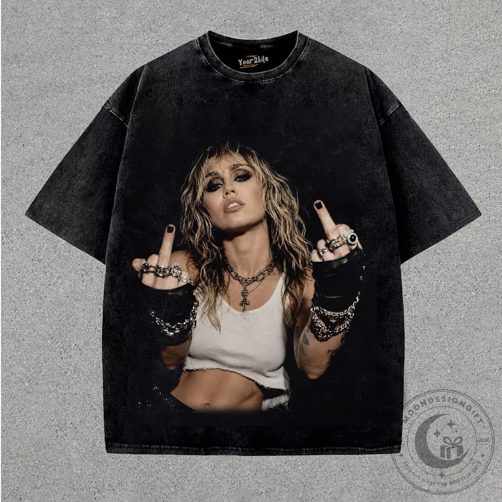 Miley Cyrus Middle Finger Graphic Washed Black Oversized T-Shirt