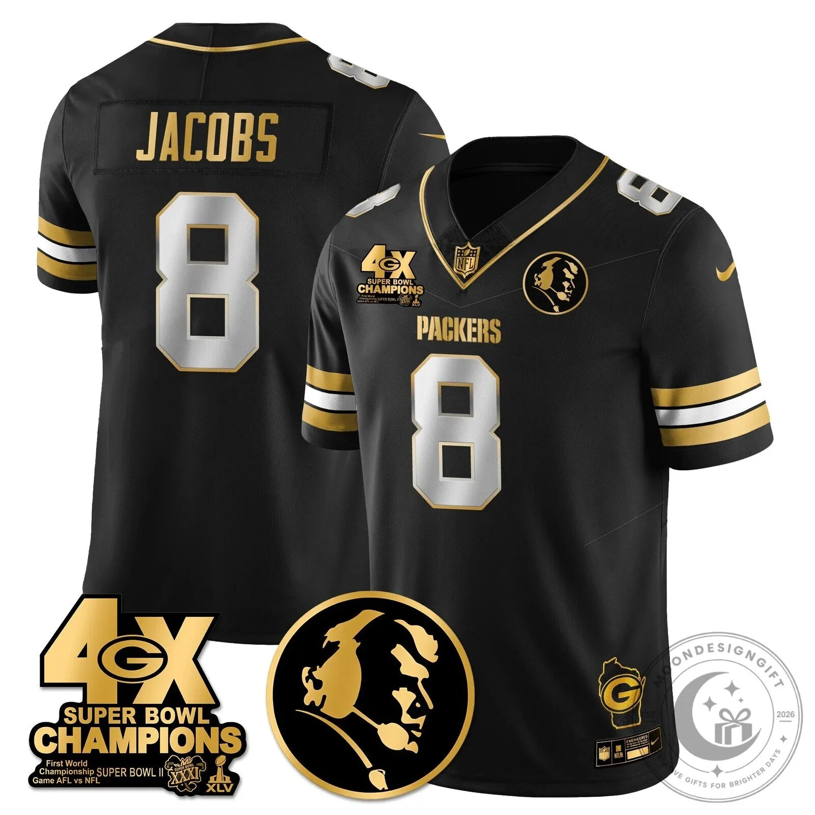John Madden Green Bay Packers Super Bowl Champions Black Football Jersey 51 John Madden Green Bay Packers Super Bowl Champions Black Football Jersey