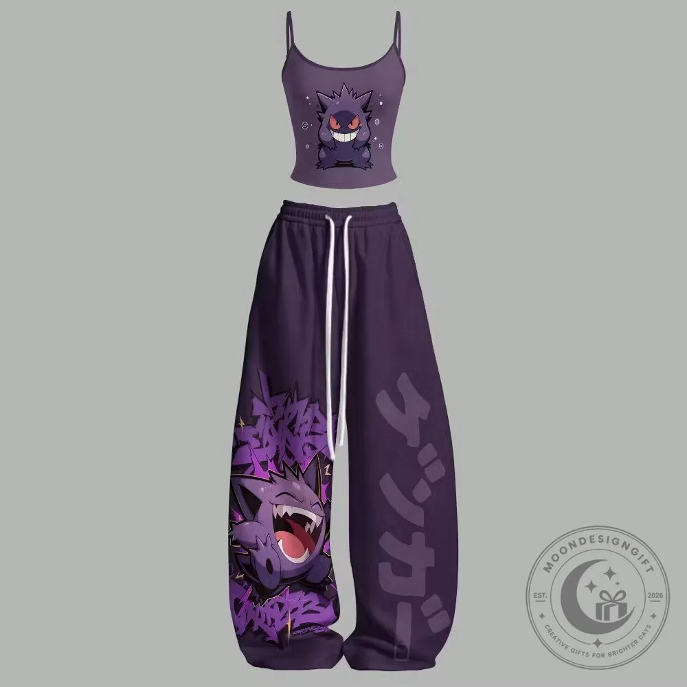 Gengar Pokemon Anime Character Purple Crop Top and Baggy Sweatpants Set