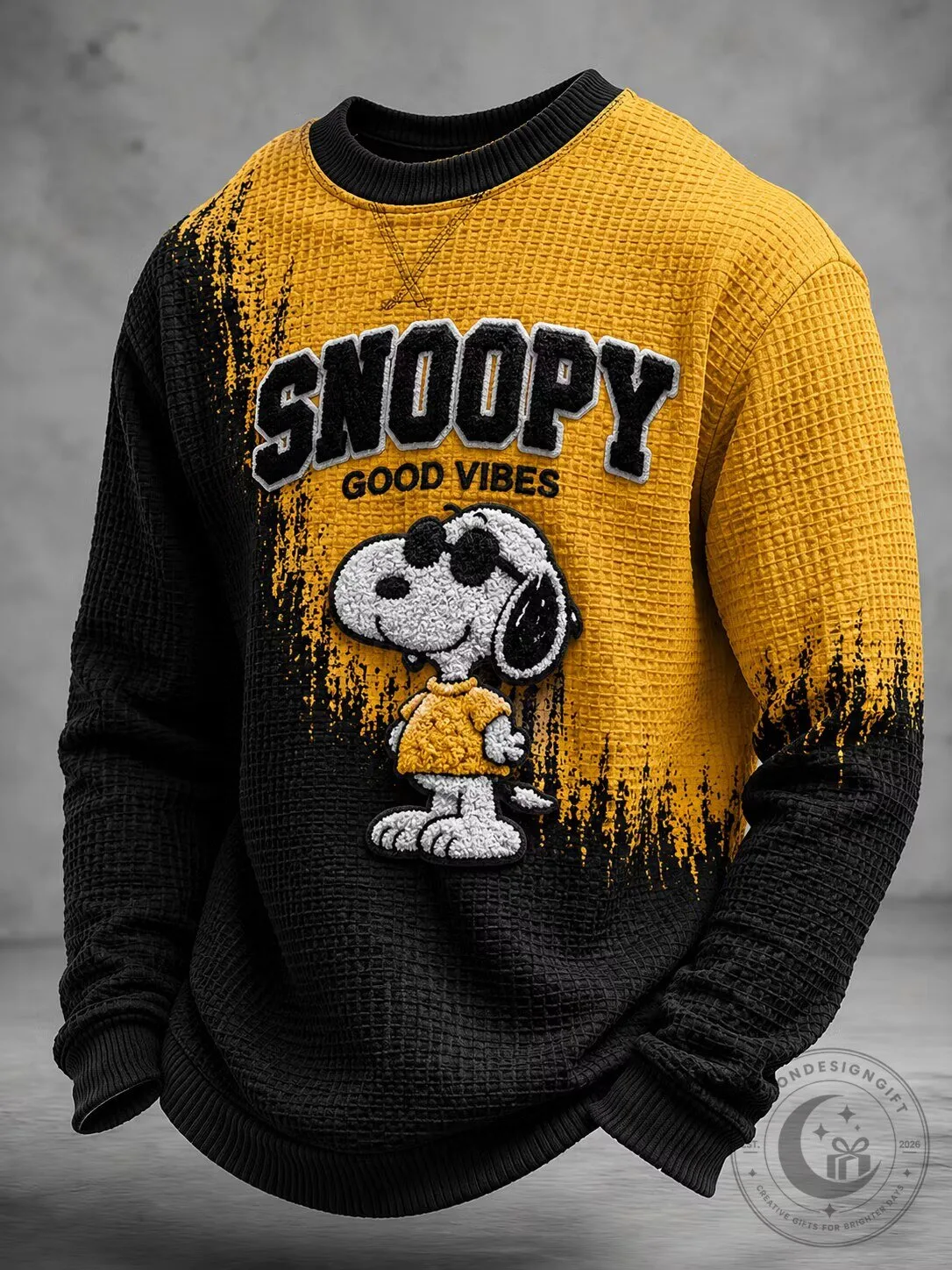 Snoopy Good Vibes Cartoon Character Black and Yellow Crewneck Sweatshirt