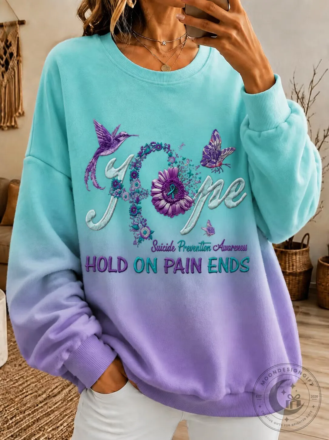 Suicide Prevention Awareness Hope Hold On Pain Ends Crewneck Sweatshirt