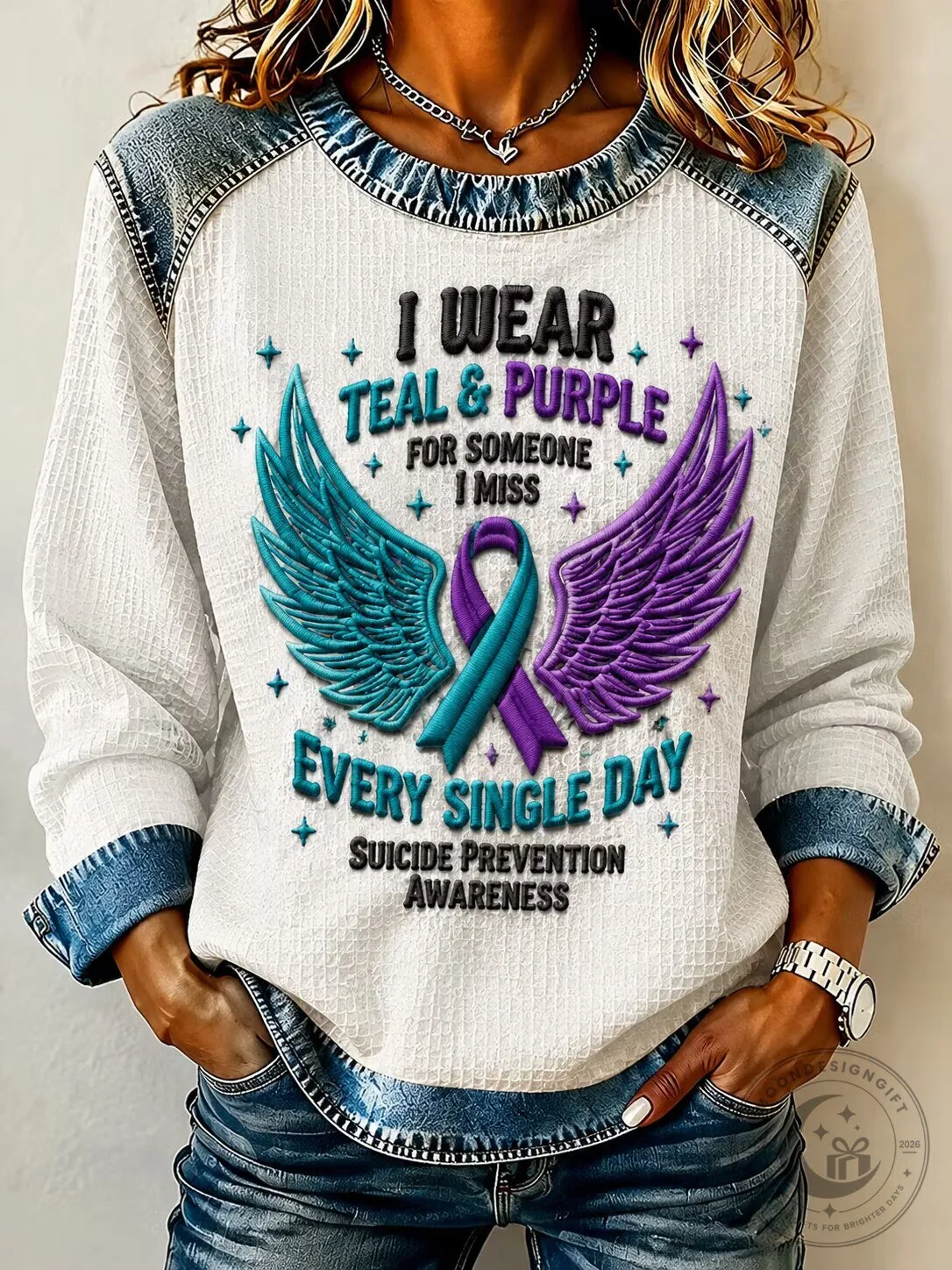 Suicide Prevention Awareness Teal and Purple Wings Long-Sleeve Shirt