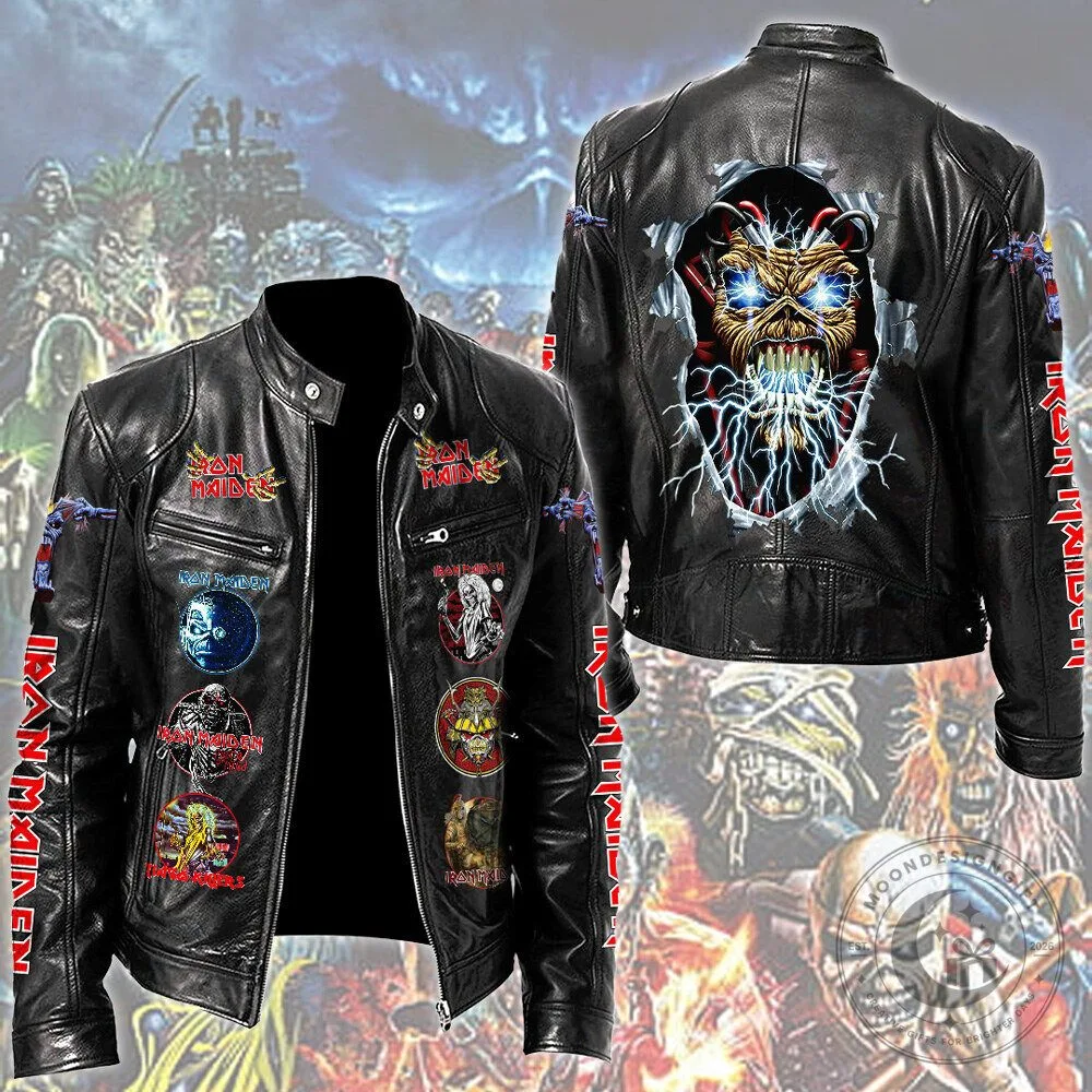 Iron Maiden Motorcycle Leather Jacket with Band Logos and Eddie Artwork