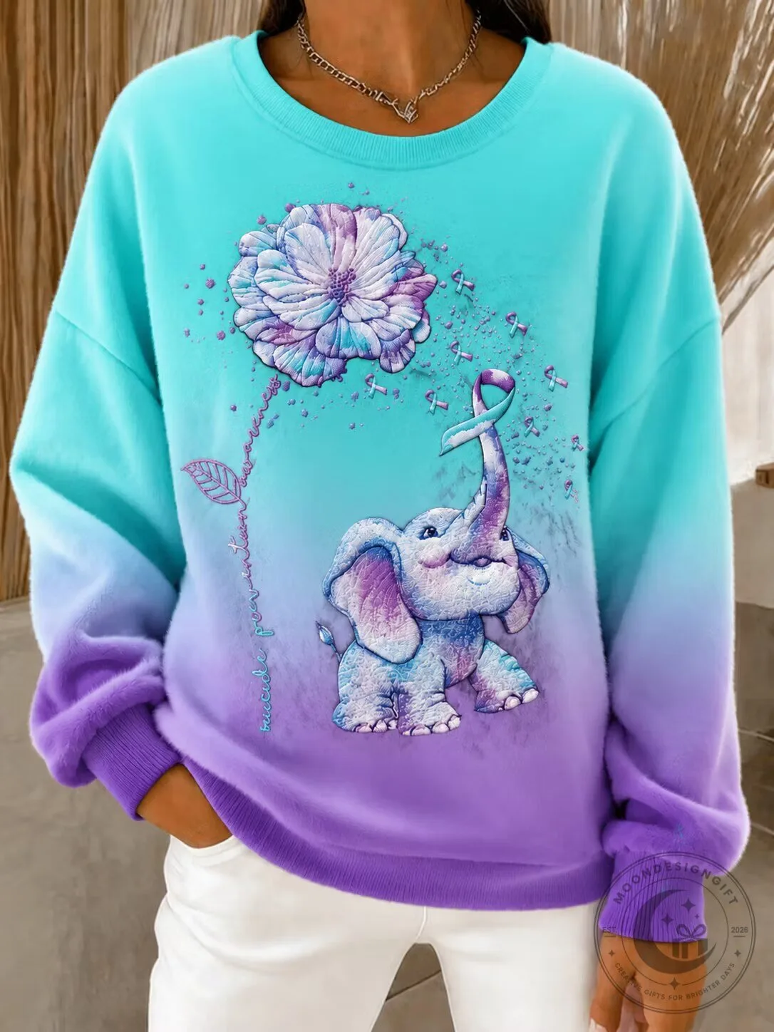 Suicide Prevention Awareness Elephant Flower Ombre Long-Sleeve Sweatshirt