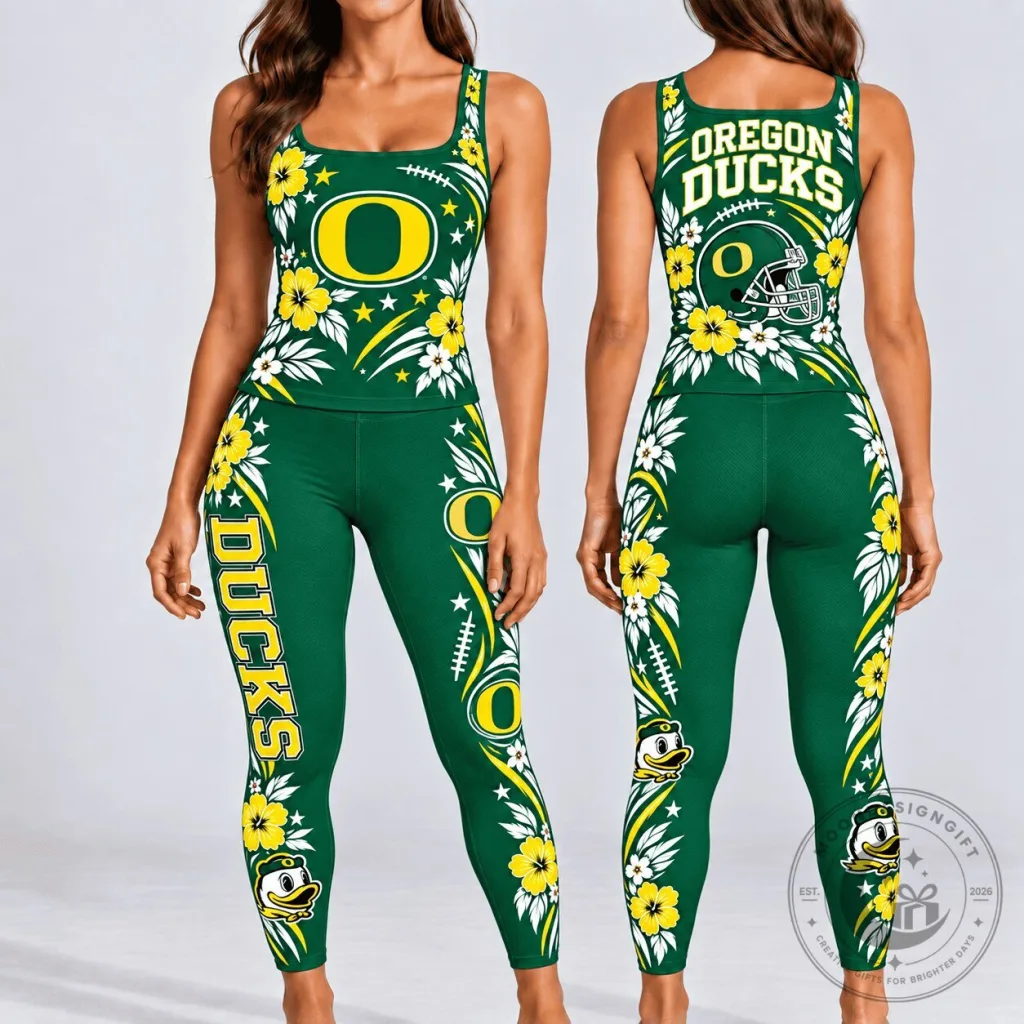 Oregon Ducks NCAA Football Team Floral Pattern Women's Tank Top and Leggings Set Oregon Ducks NCAA Football Team Floral Pattern Women's Tank Top and Leggings Set