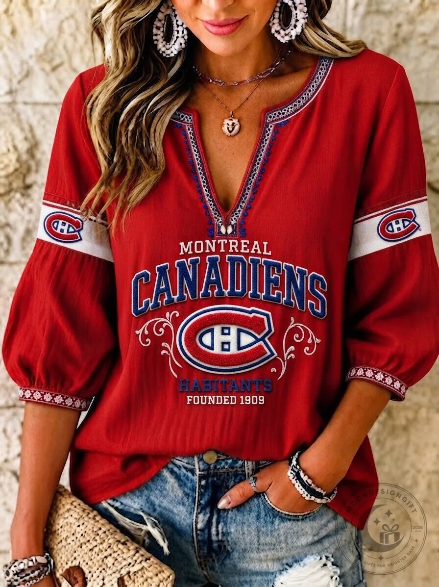 Montreal Canadiens Ice Hockey Team Red V-Neck Long Sleeve Shirt
