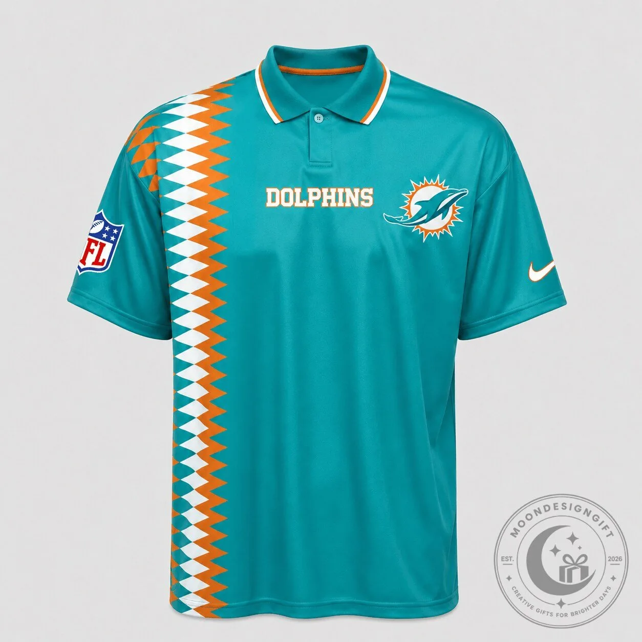 Miami Dolphins NFL Team Logo Teal Orange Zigzag Stripe Polo Shirt