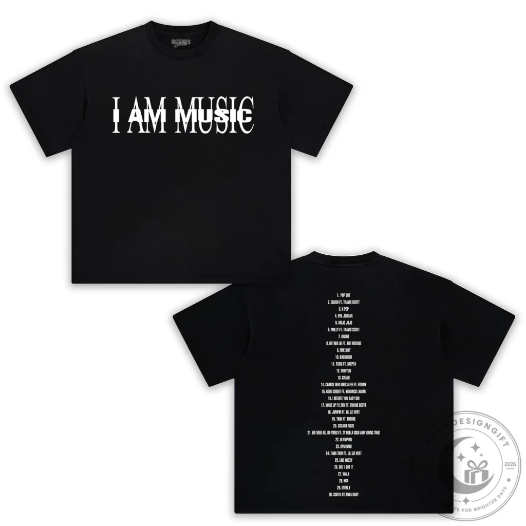 Black T-Shirt featuring Tracklist from Playboi Carti's I Am Music Album Black T-Shirt featuring Tracklist from Playboi Carti's I Am Music Album