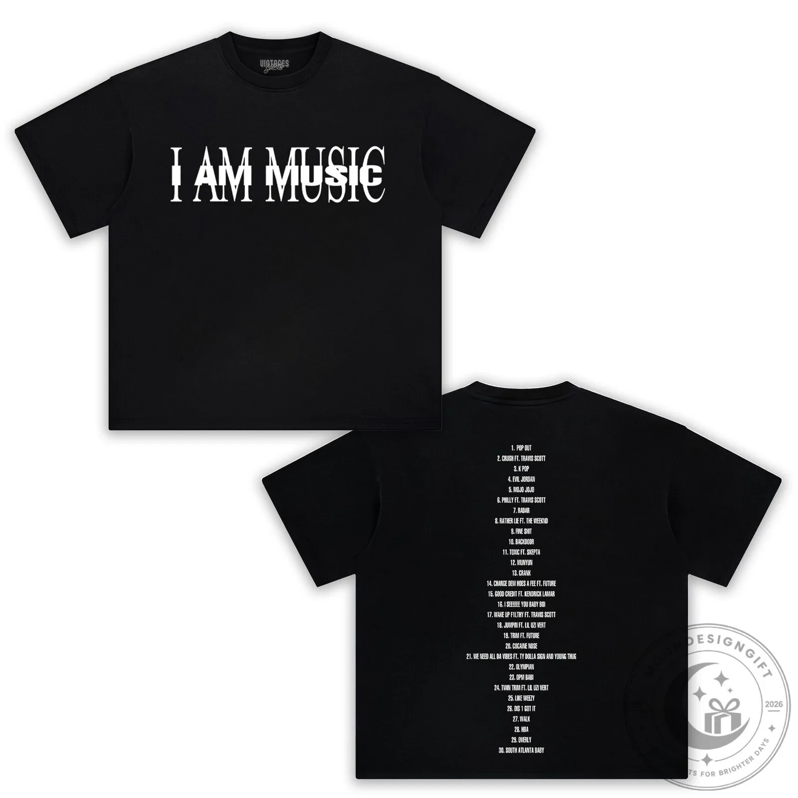 Black T-Shirt featuring Tracklist from Playboi Carti's I Am Music Album 10 Black T-Shirt featuring Tracklist from Playboi Carti