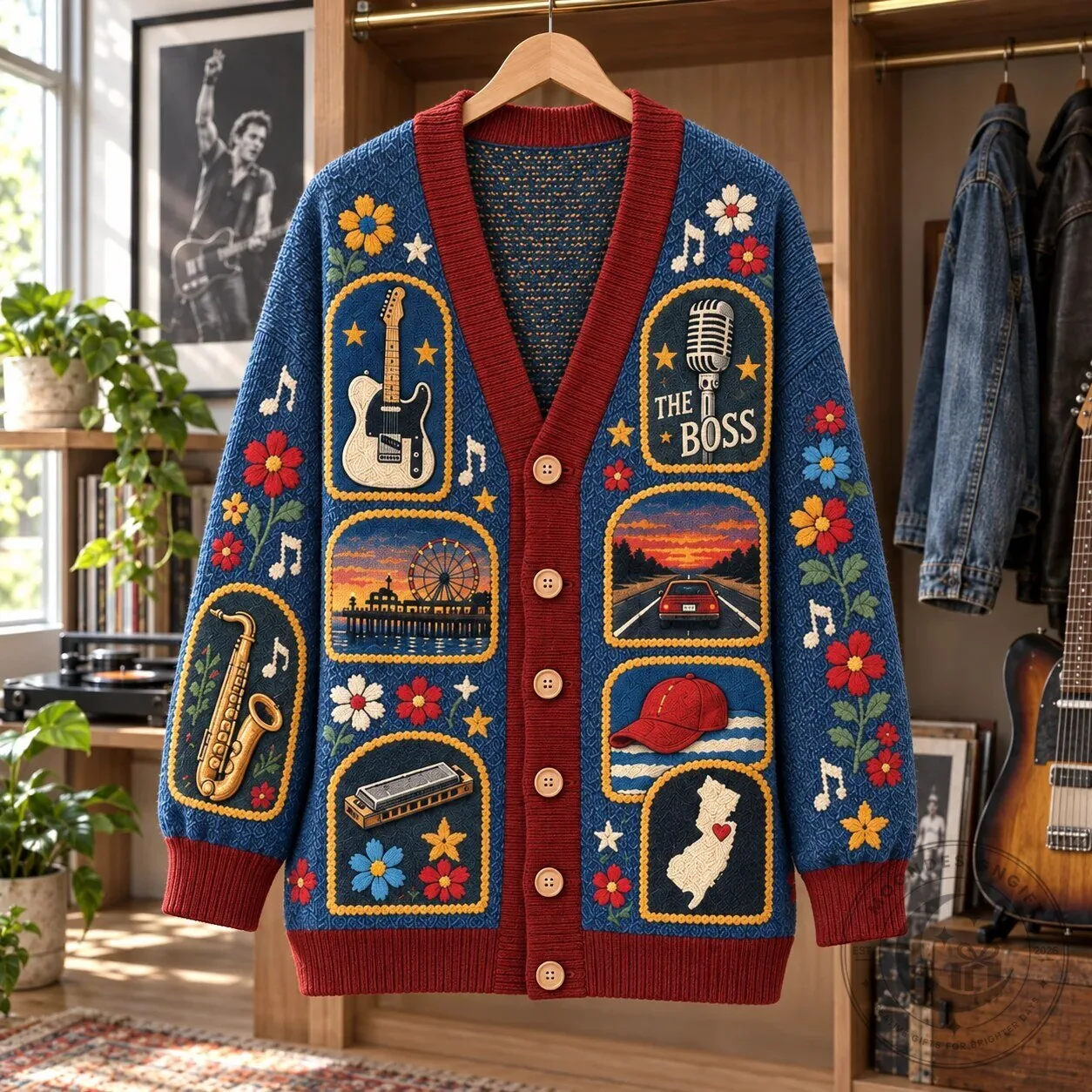 Bruce Springsteen The Boss Patchwork Knit Cardigan Sweater