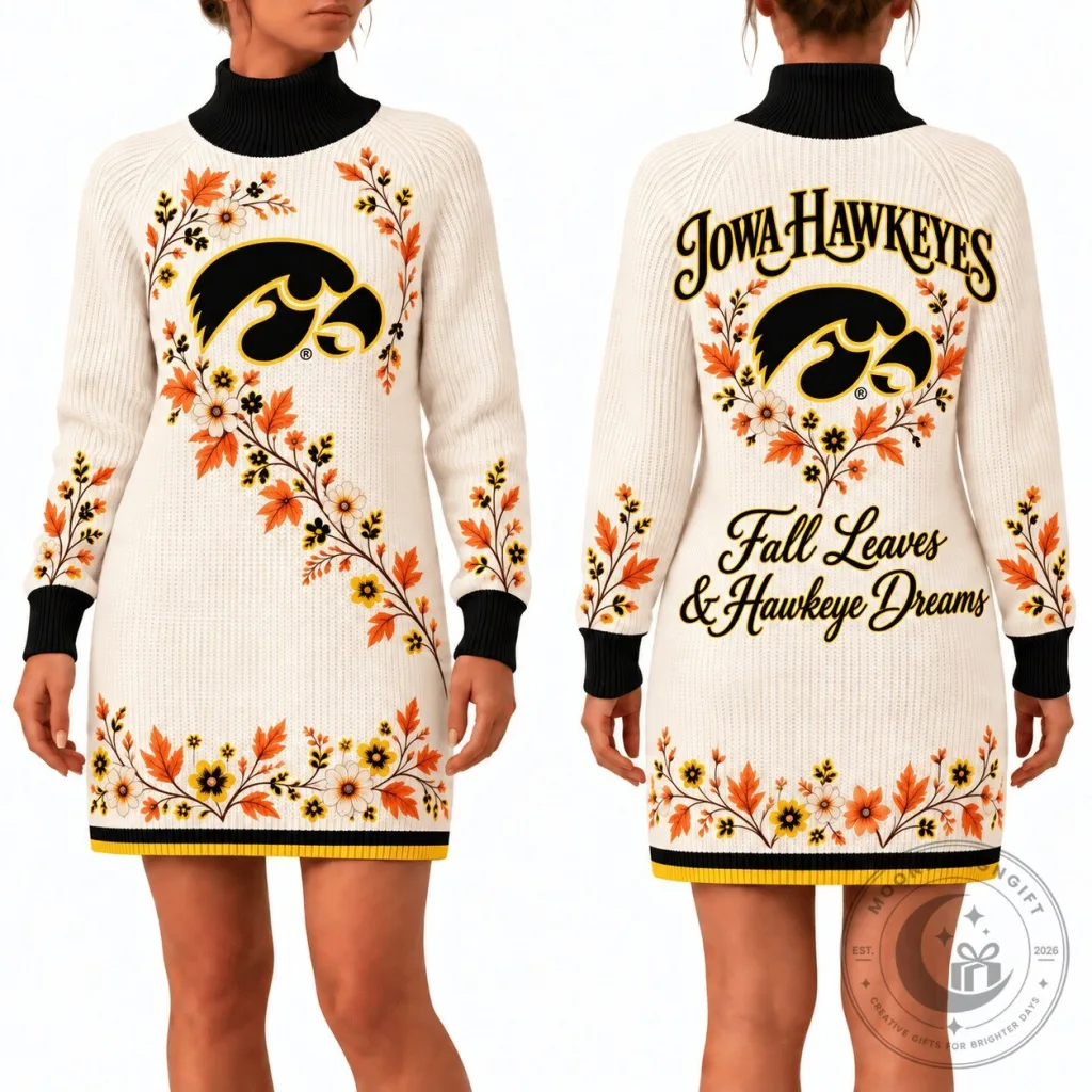Iowa Hawkeyes Fall Leaves & Hawkeye Dreams Women's Sweater Dress Iowa Hawkeyes Fall Leaves & Hawkeye Dreams Women's Sweater Dress