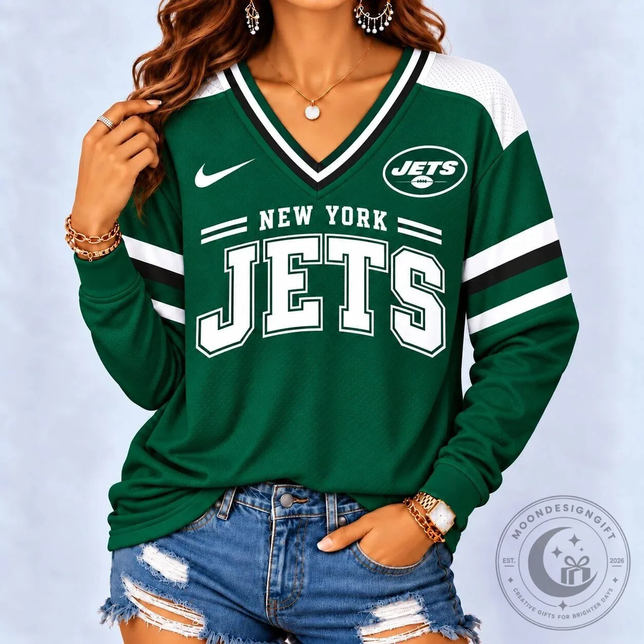 New York Jets NFL Football Team Green Long Sleeve V-Neck Jersey
