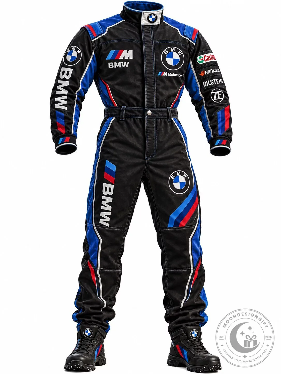 BMW Motorsport Racing Suit Black and Blue Contrast Paneled Long Sleeve Jumpsuit