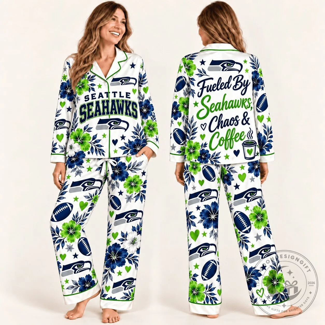 Seattle Seahawks Fueled By Chaos And Coffee Floral Pattern Pajamas Set