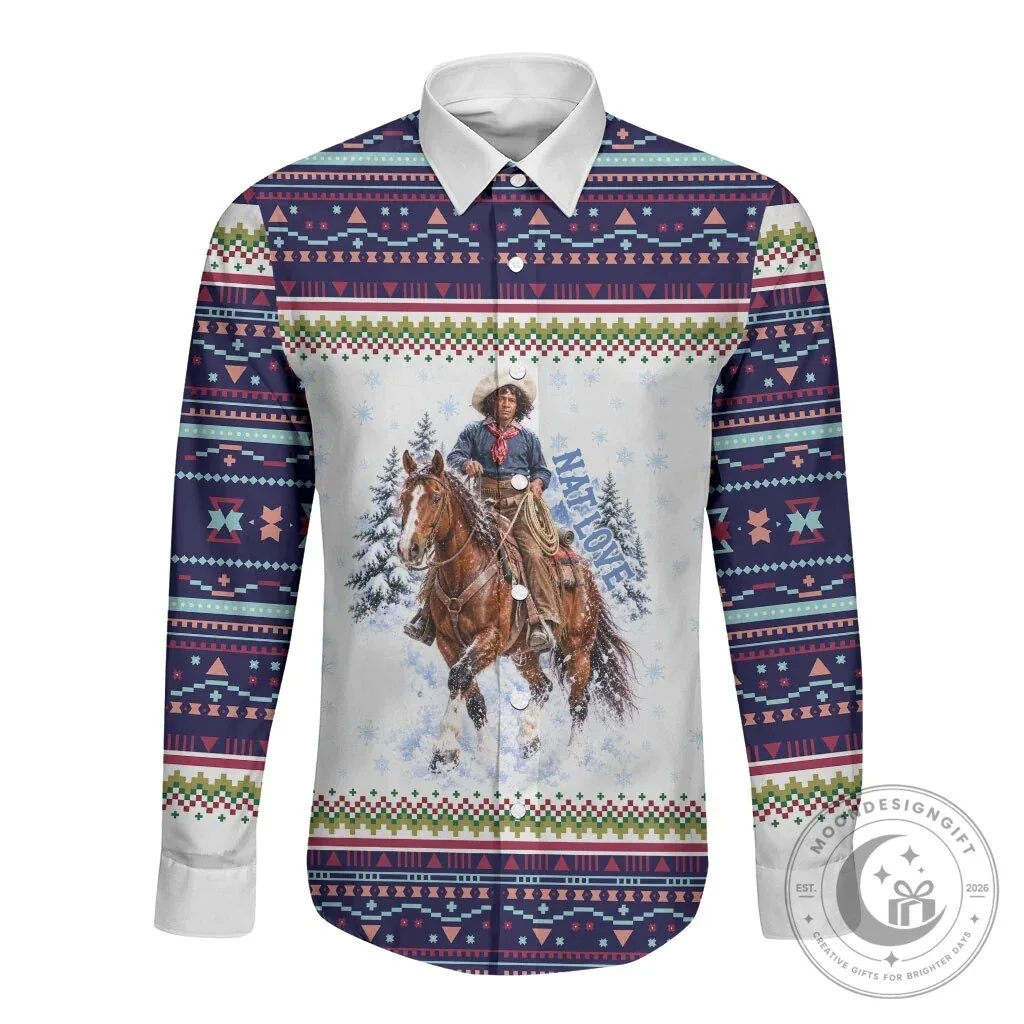 Nat Love African American Cowboy Western Fair Isle Pattern Long-Sleeve Button Shirt