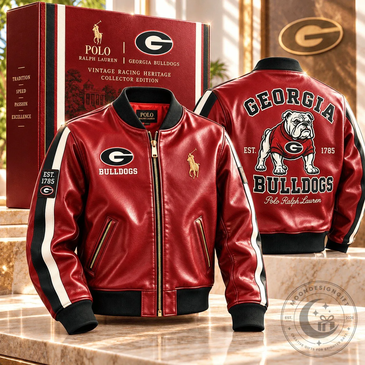 Georgia Bulldogs Polo Ralph Lauren Vintage Racing Heritage Leather Bomber Jacket