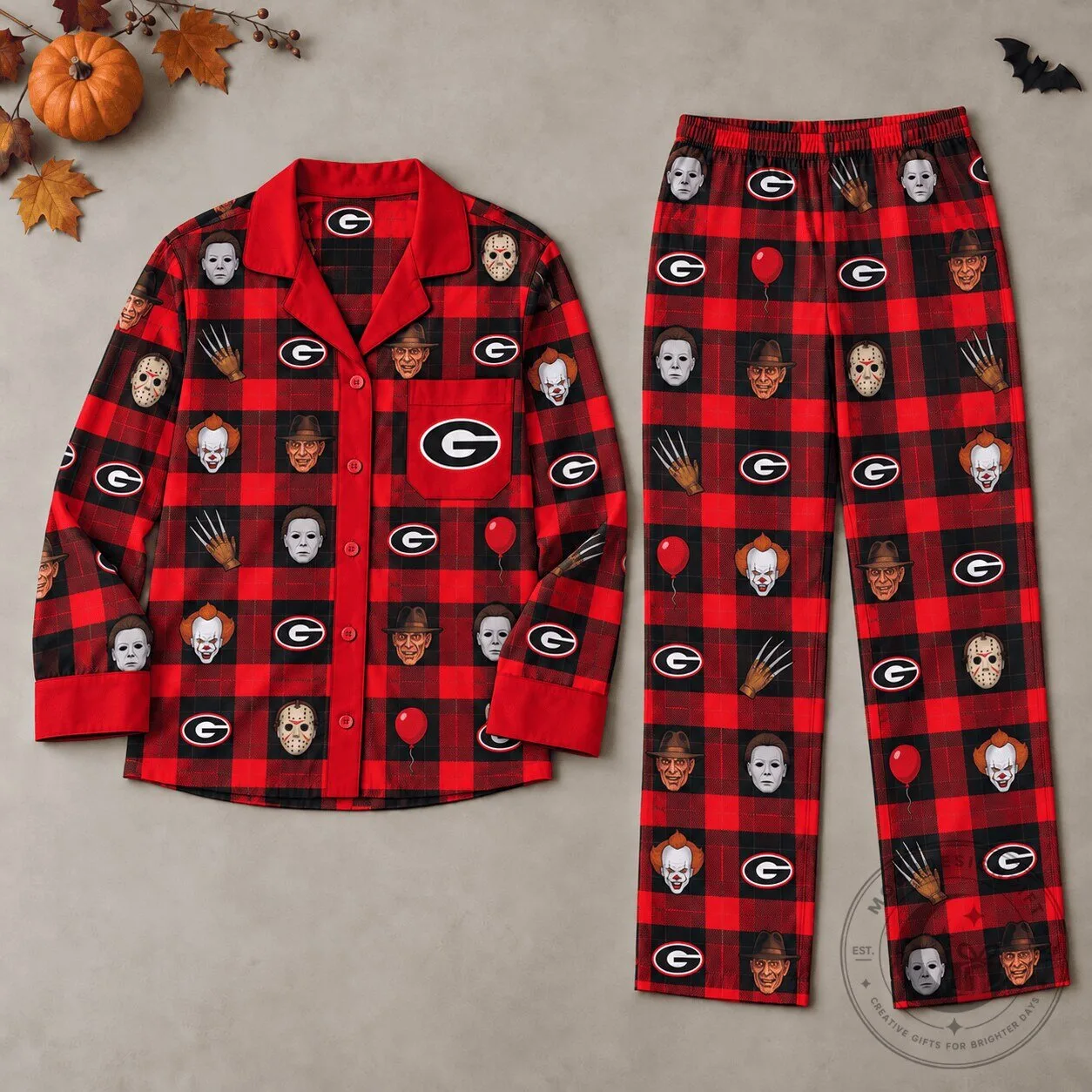 Georgia Bulldogs Halloween Horror Movie Characters Plaid Pajamas Set