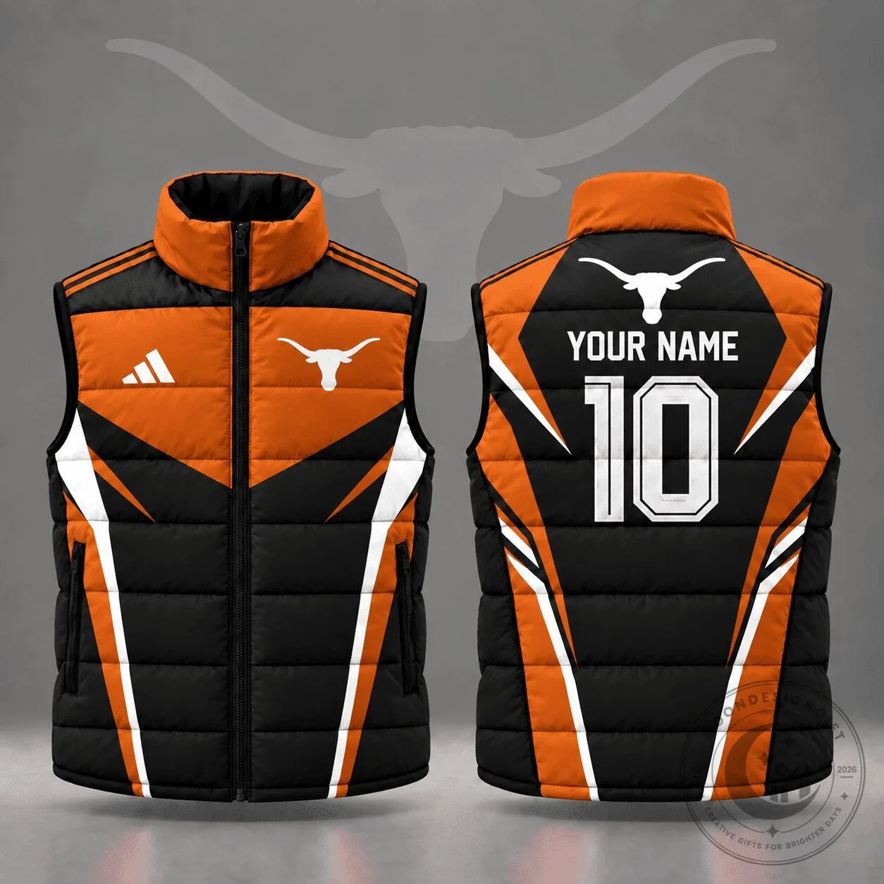 Texas Longhorns Custom Name Number Geometric Colorblock Full Zip Puffer Vest