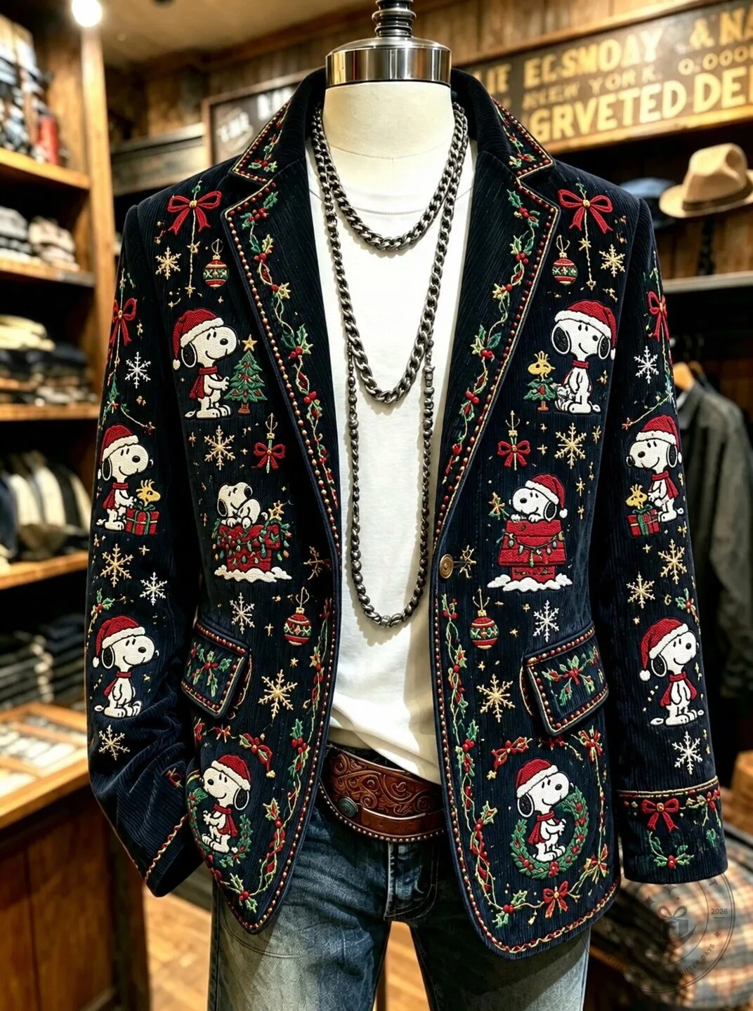 Snoopy Christmas Embroidered Corduroy Blazer Jacket for Men