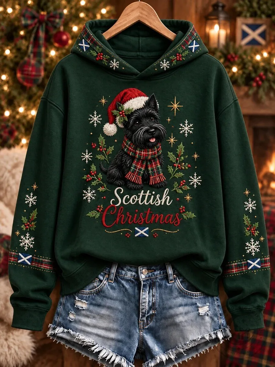 Scottish Christmas Terrier Dog Holiday Festive Green Women's Hoodie